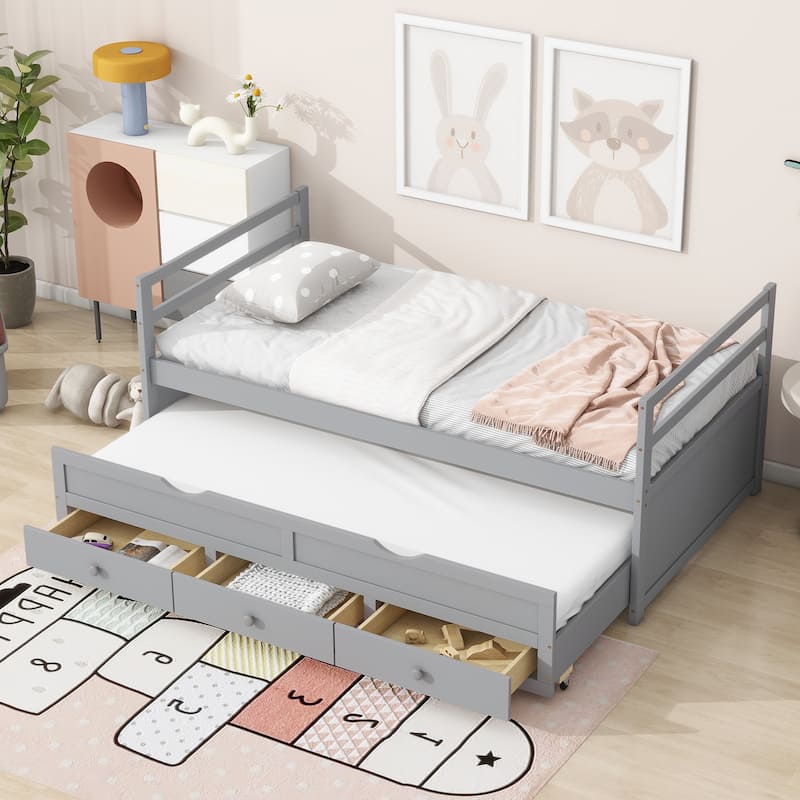 Twin Size Pine Wood Bed Kids Daybed Storage Bed with Trundle Bed, 3 Storage Drawers, Headboard and Footboard for Children's Room - Grey - Twin