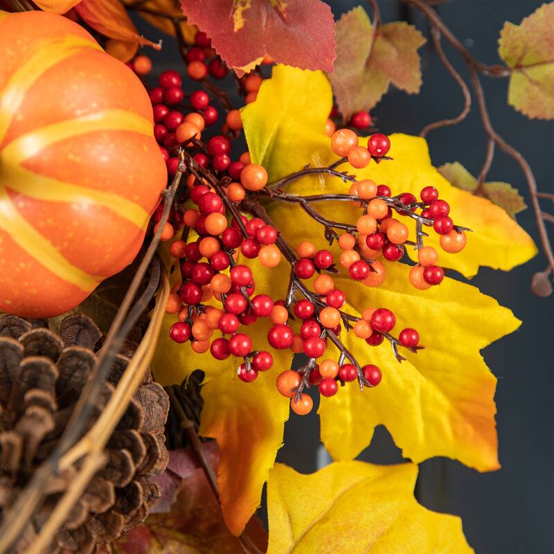 Glitzhome 27"H Fall Dahlia Pumpkin Leaf & Berry Swag Wreath with Hanger