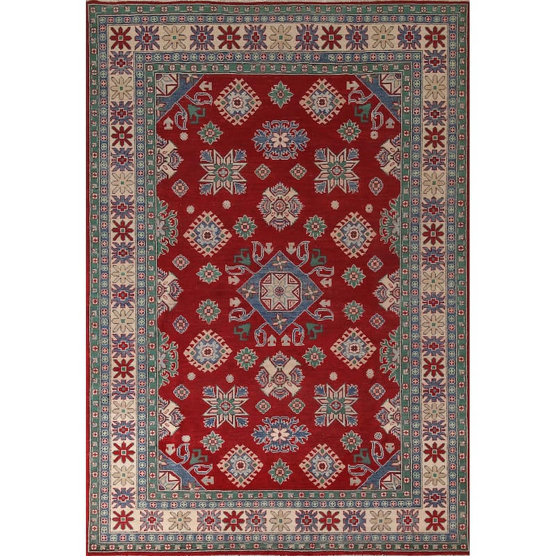 Red Geometric Kazak Oriental Area Rug Hand-Knotted Wool Carpet - 6'8" x 9'7"