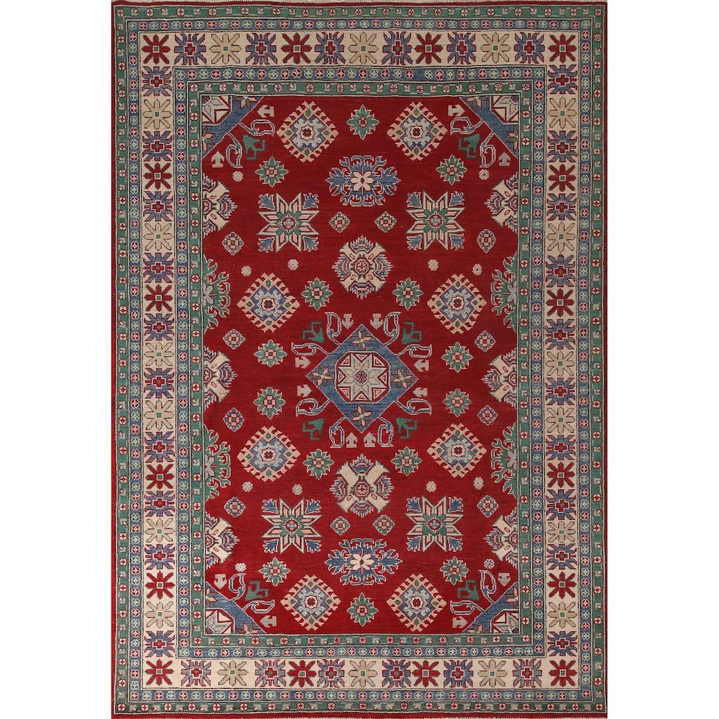 Red Geometric Kazak Oriental Area Rug Hand-Knotted Wool Carpet - 6'8" x 9'7"