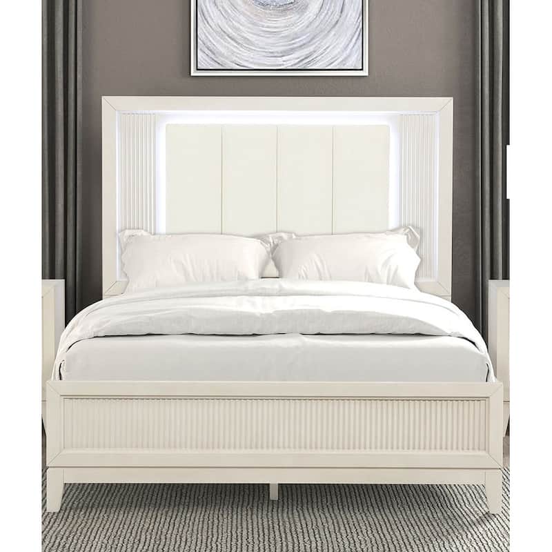 Modern Antique White Finish 1pc LED Padded Headboard Bed