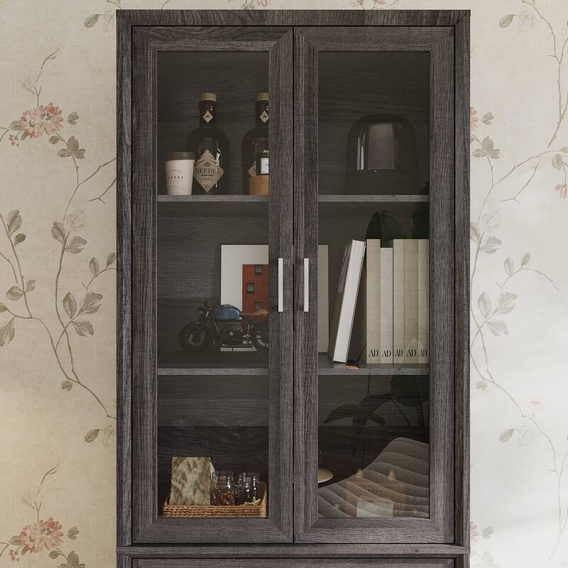Modular Glass Door Bookcase Wall Unit with Storage Cabinets and Drawers, Dark Oak Display Hutch for Living Room or Home Office