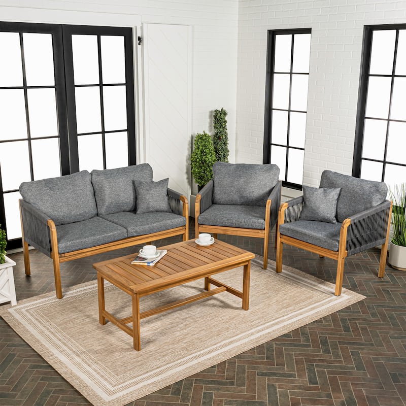 Aveiro 4-Piece Modern Bohemian Acacia Wood Outdoor Patio Set with Cushions and Plain Decorative Pillows, by JONATHAN Y