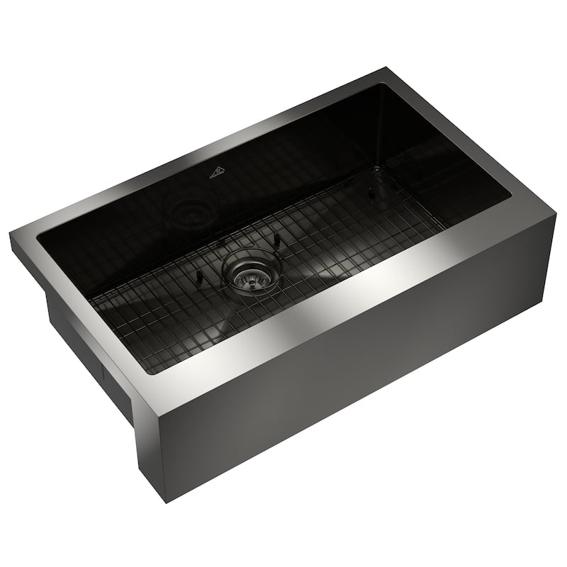 Handmade Stainless Steel 18-Gauge Single Bowl Farmhouse Apron Kitchen Sink in Nano PVD with Bottom Grid and Basket Strainer