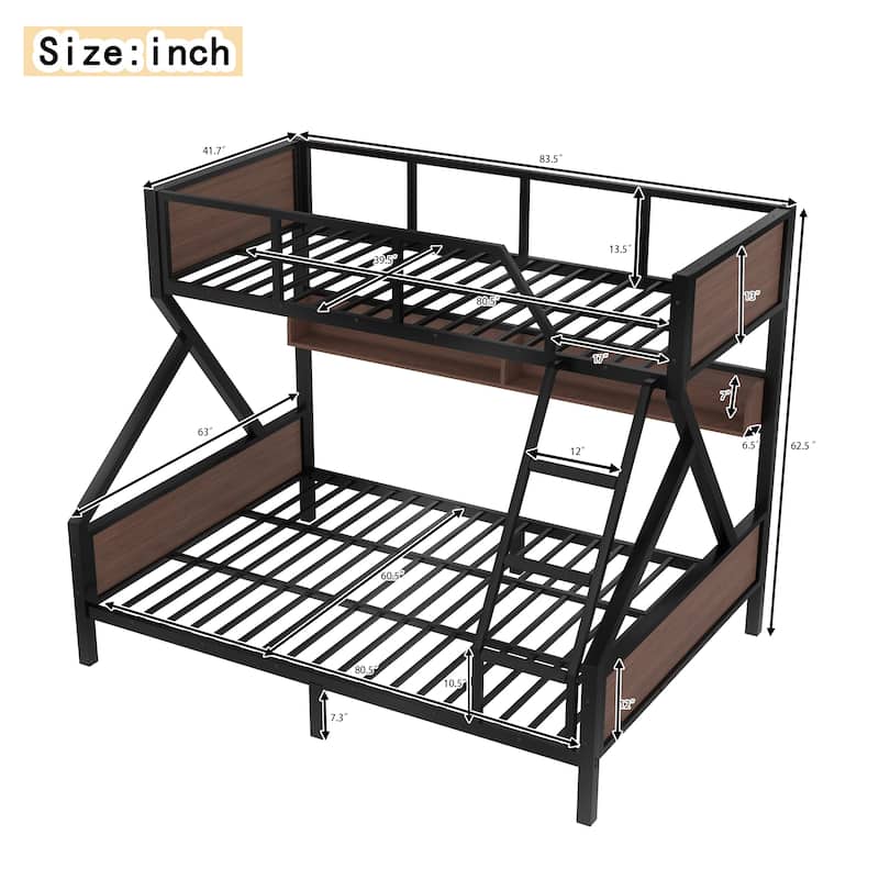 Twin XL over Queen Bunk Bed, Metal Bunk Bed with Storage Shelves and Lights, Space-saving & Noise-free Design, Black