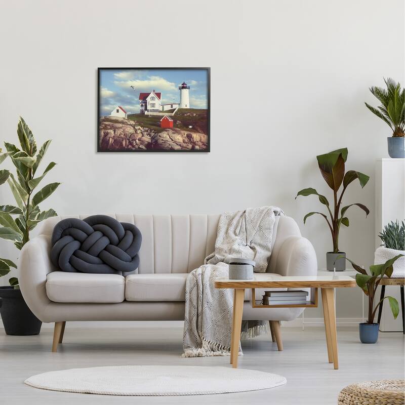 Stupell Nubble Break Water Rocks White Lighthouse with Seagull Framed Art, 11x14, Proudly Made in USA
