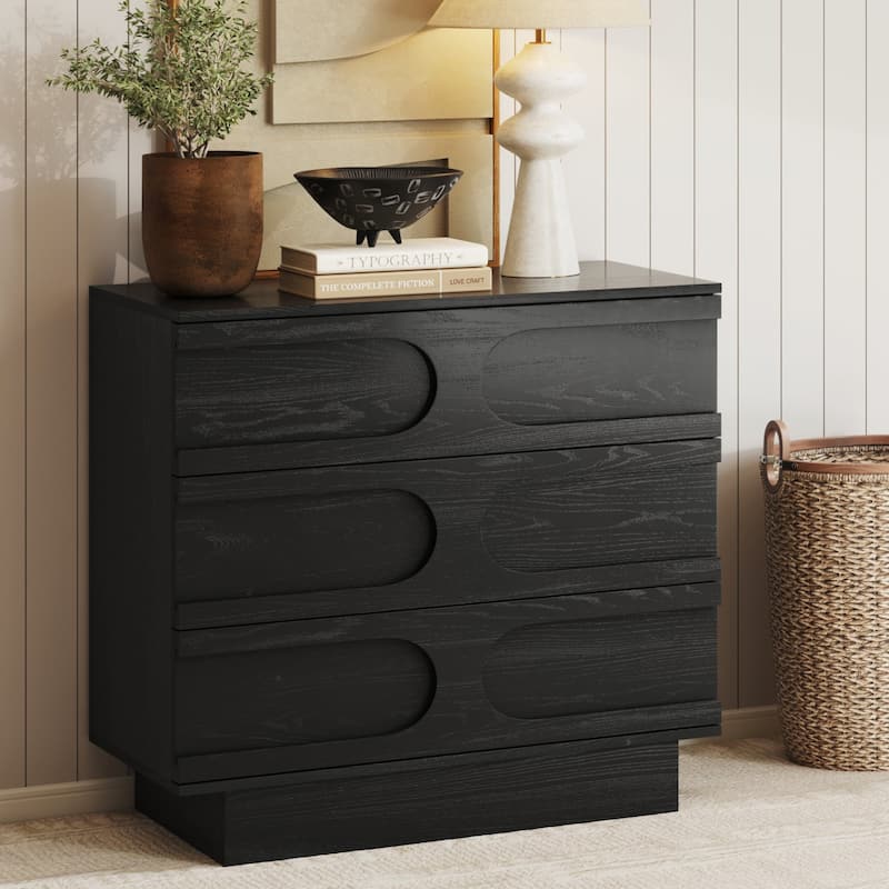 Iris 3 Drawer Dresser, Mid-Century Modern Solid Wood Dresser for Bedroom - Black Oak - Single - 3-drawer