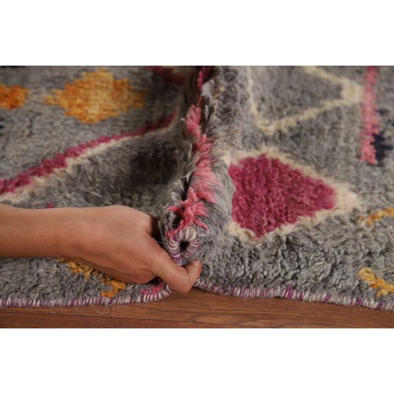 Grey Geometric Plush Moroccan Oriental Rug Hand-Knotted Wool Carpet - 6'1" x 9'5"