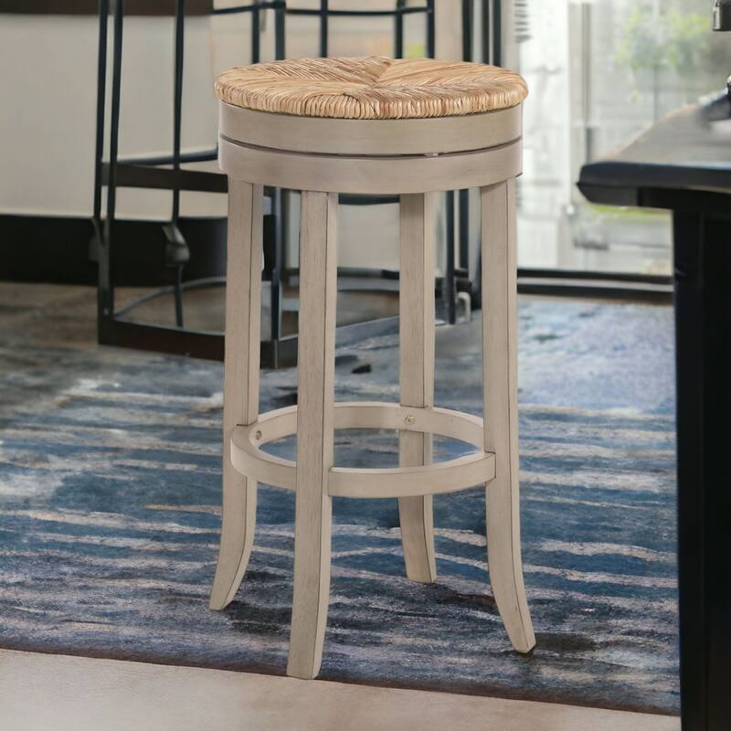 24" Natural And Antiqued White Solid Wood Swivel Backless Counter Height Bar Chair