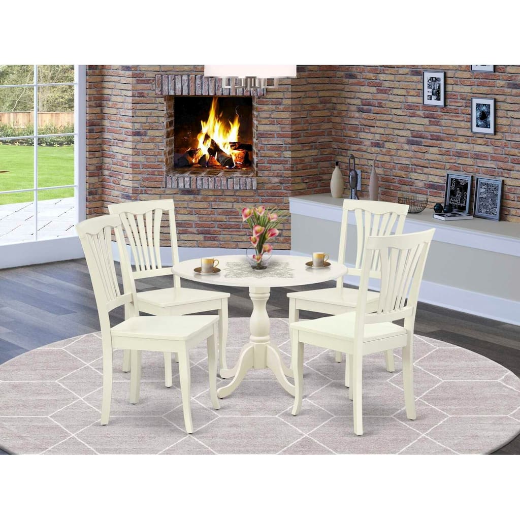 HomeStock 5-Pc Linen White Finish Solid Wood Top Dining table with 4 Chairs with Drop Leaf Slat Back