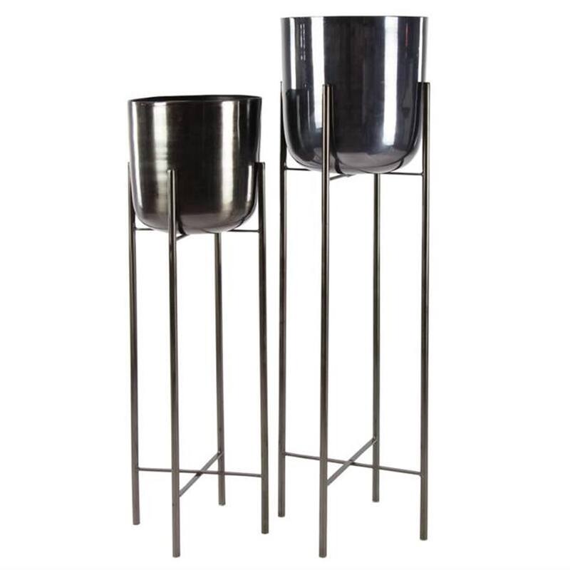 Large And Tall Contemporary Style Round Metallic Planters Set of 2 - Black