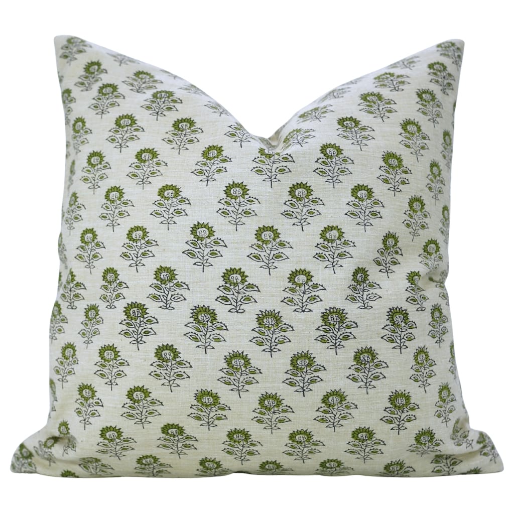 Fabdivine Square 16x16 Inch Fall Home Floral Accent Green Pillow Cover for Throw Decorative Cushioncase, Bagru Buti