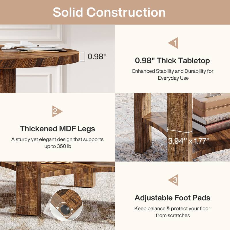47-Inch Round Dining Table for 4-6 People, Farmhouse Kitchen Table with 2-Tier Storage