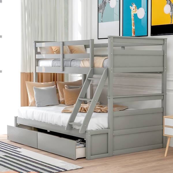 slide 2 of 46, Versatility Twin over Full Wooden Kids Bed Bunk Bed with Two Storage Drawers,Ladder and Guardrails Grey