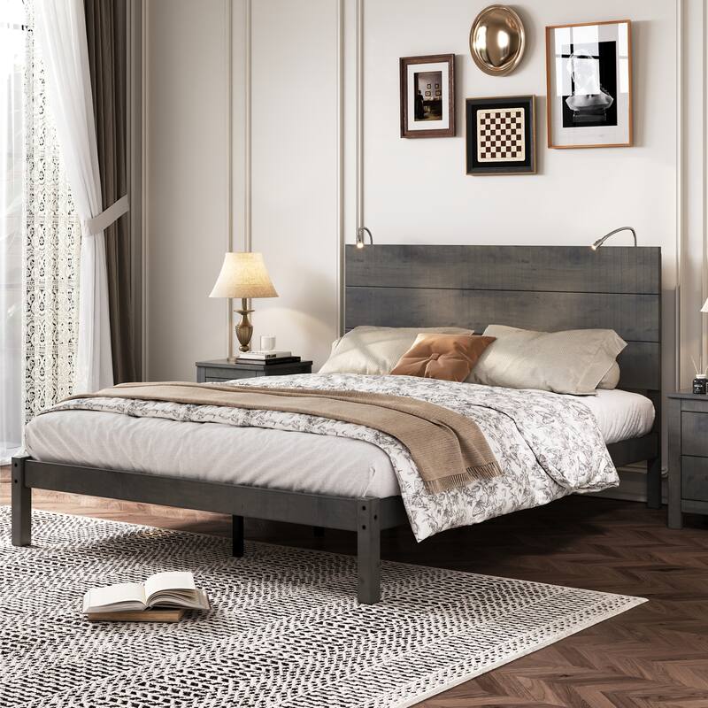 Queen Rustic Wood Platform Bed with Built-In Bedside Lights