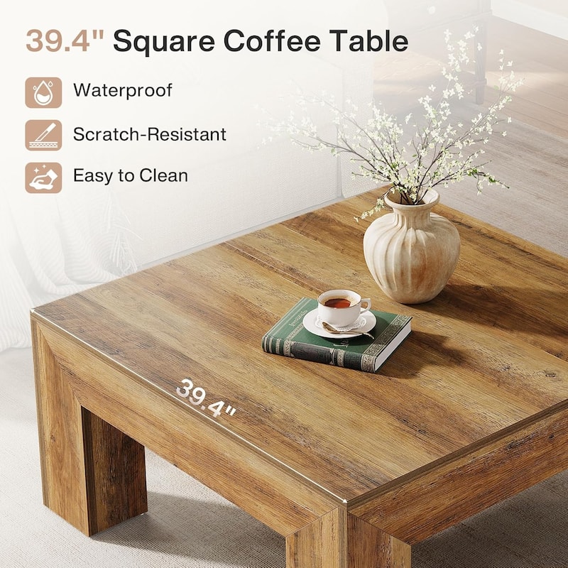 Farmhouse Square Coffee Table for Living Room, 39.37-Inch Low Large Center Tea Accent Table