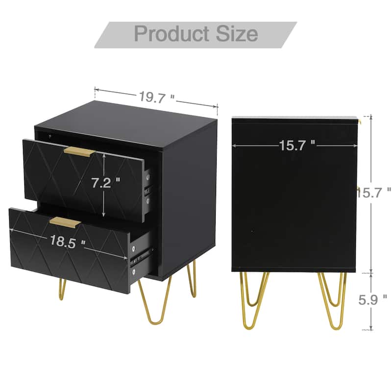 Modern Set of 2 Nightstands with Metal Legs 2-Drawer Bedside Table