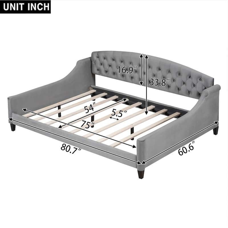 Gray Full Velvet Daybed with Button Tufted Backrest