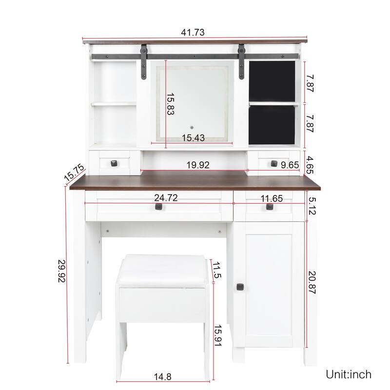 Roomfitters Farmhouse Makeup Vanity with Mirror and LED Lights, 41.73" Dressing Table with 4 Drawers and Cabinet, White + Walnut