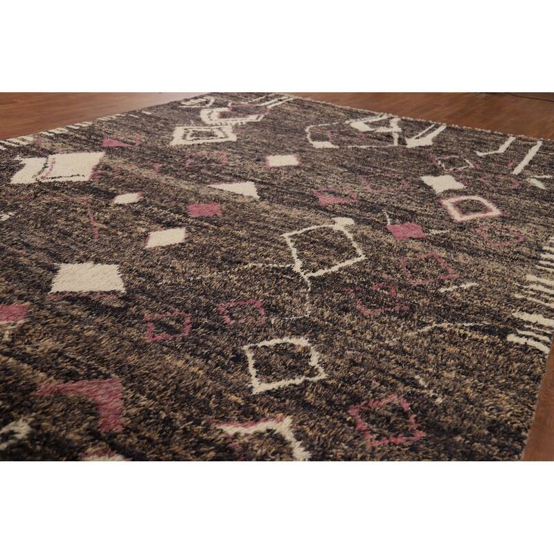 Brown Plush Moroccan Area Rug Hand-Knotted Living Room Wool Carpet - 9'0" x 12'5"