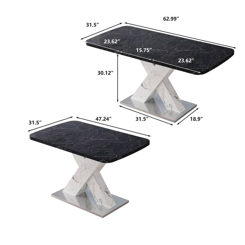Modern Square Dining Table, Stretchable, with X-Shape Table Leg with Metal Base