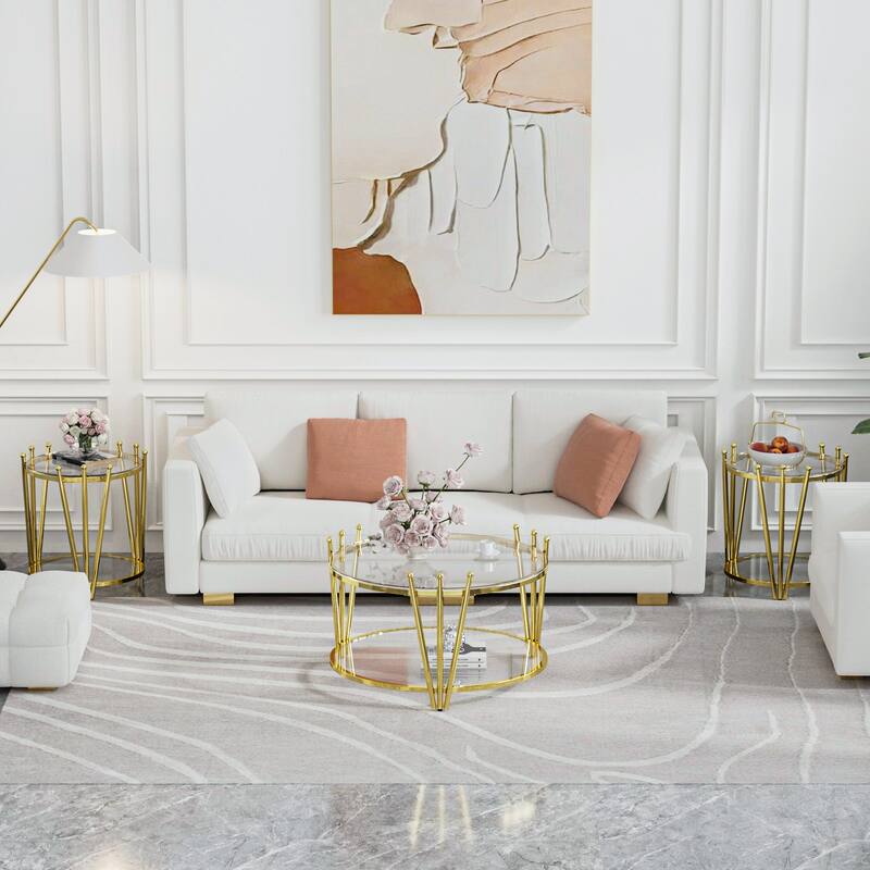 Modern Gold Round End Table with Tempered Glass Top & Crown Design for Living Room