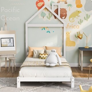 Twin Size Wood Platform Bed with House-shaped Headboard-White