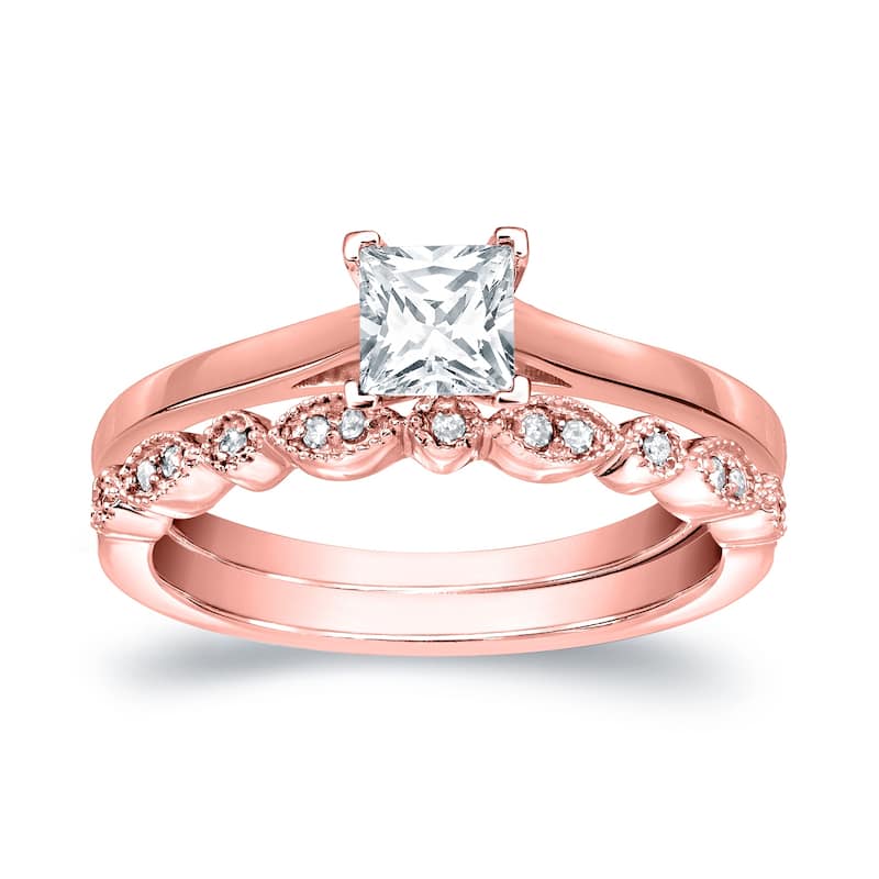 Auriya 14k Gold 1/2ctw Vintage Princess-cut Solitaire Diamond Engagement Ring Set