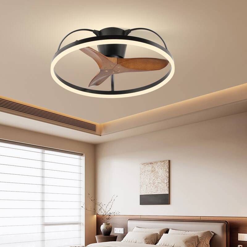 Farmhouse Solid Wood Blade Ceiling Fan with Light and Remote, 24" Low-Profile LED Fan Light Fandelier for Bedroom Kitchen