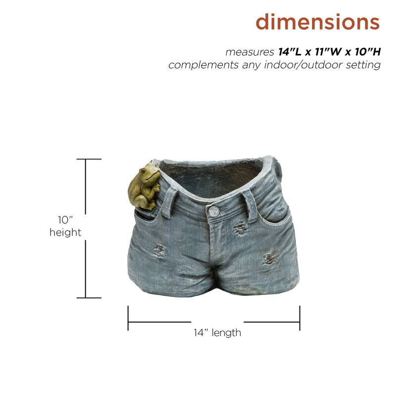 Alpine Corporation 10" Tall Indoor/Outdoor Denim Shorts with Frog Shaped Planter and Yard Decoration - 14"L x 11"W x 10"H