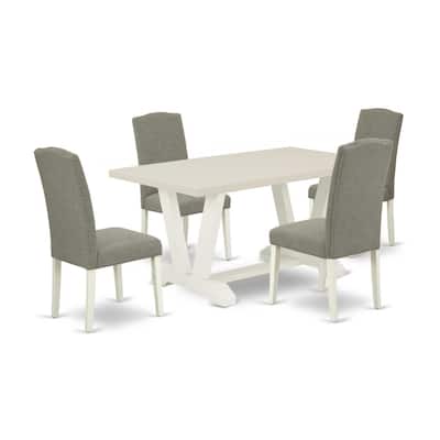 HomeStock 5-Piece Rectangle Natural Oak Finish Solid Wood Top Dining Table with 4 Upholstered Chairs with Lattice Back