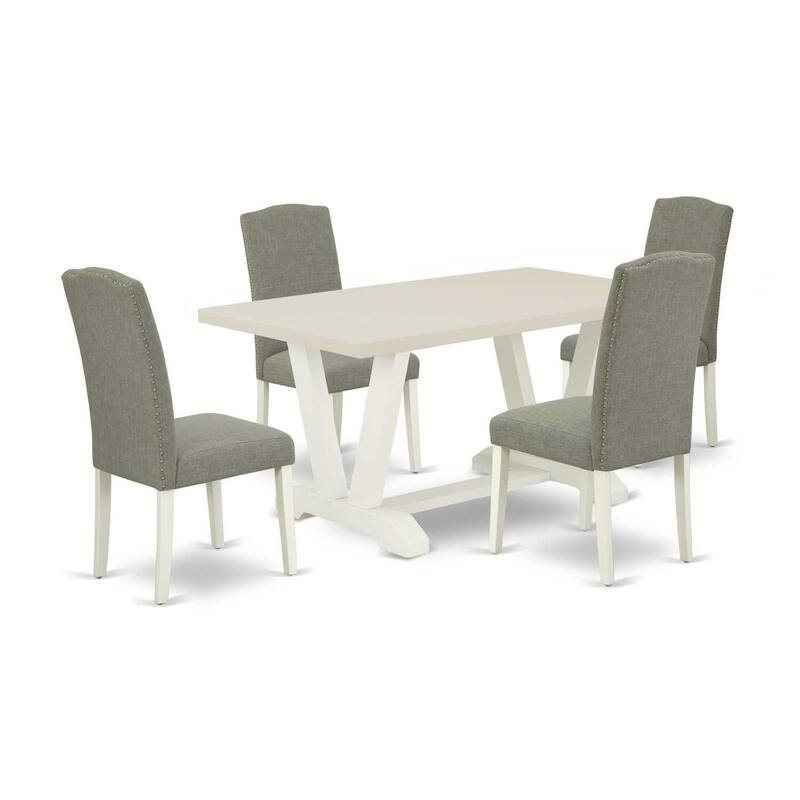 HomeStock 5-Piece Rectangle Natural Oak Finish Solid Wood Top Dining Table with 4 Upholstered Chairs with Lattice Back