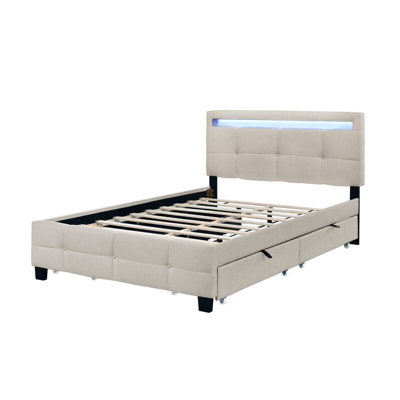 Upholstered Platform Bed with LED Frame and Drawers