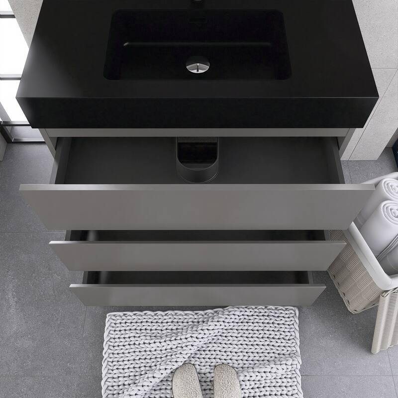 Freestanding Bathroom Vanity with Black Solid Surface Top