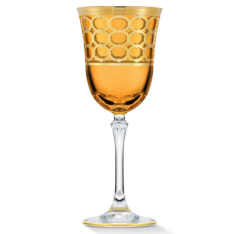 Lorren Home Trends Amber Color White Wine Goblet with Gold Rings, Set of 4