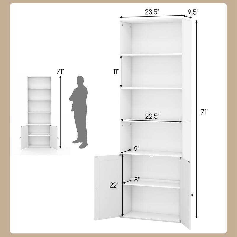 Costway 71" Farmhouse Bookcase with Doors with 6 Shelves & 2-Door - See Details