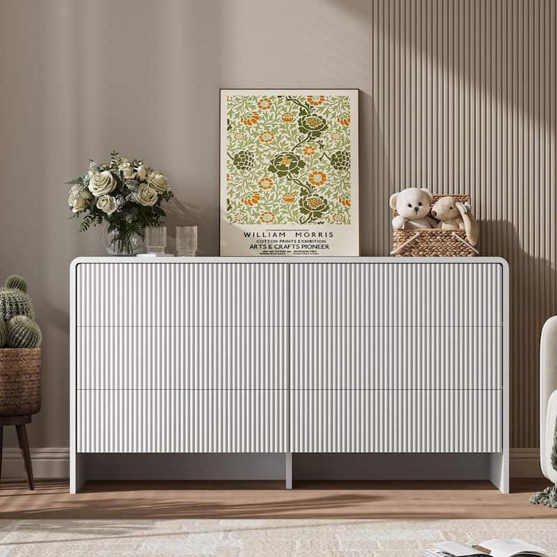 FURNIWAY White 6 Drawer Dresser 55" Push to Open Modern for Bedroom