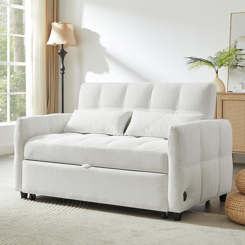 52.8" Convertible Loveseat Sofa Bed with Adjustable Backrest, USB Ports, Tufted Design, Chenille Upholstery, Beige
