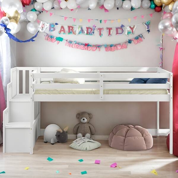 slide 2 of 9, Modern Twin Size Loft bed With Staircase And Storage Or Entertainment Space for Bedroom White