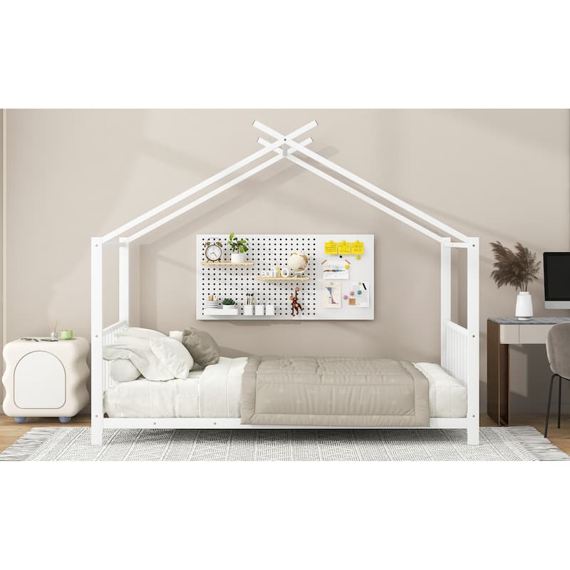 Twin Size Metal House Platform Bed, White