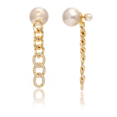 Pearl Front-Back + Cubic Zirconia Chain Dangle Earrings - 2.5" long