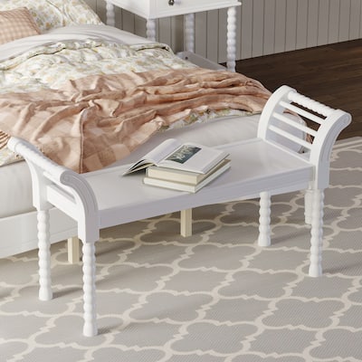 Elegant Retro Style Bench with Turned Legs, Bed End Bench for Bedroom or Living Room Decor, White