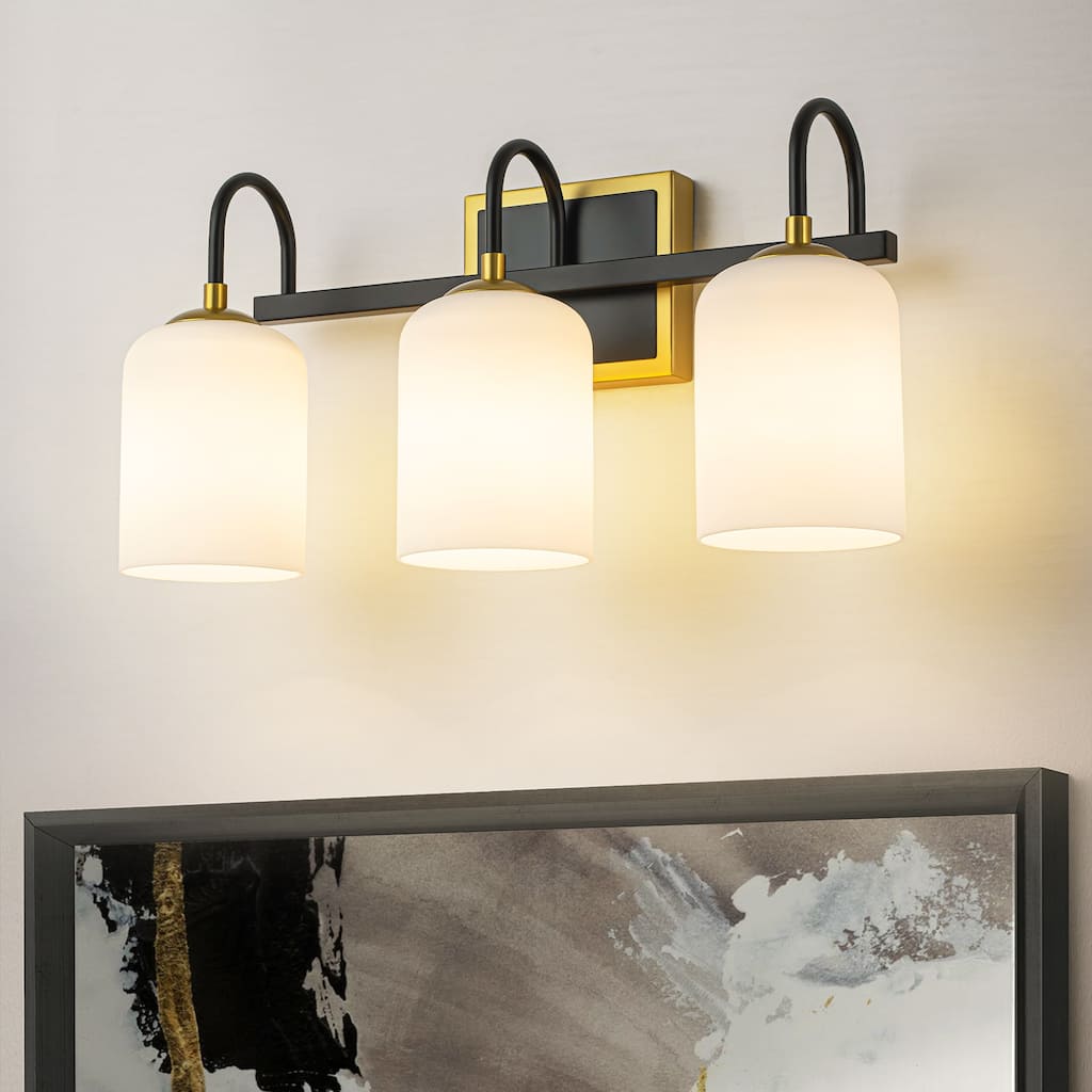 3-Light Modern Transitional Metal & Glass Bathroom Vanity Light with Milk White Glass Shades - 3 Light