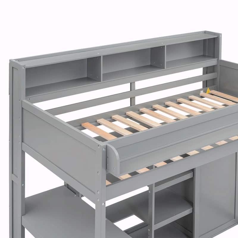 Wood Twin Size Loft Bed with Storage Shelves and Wardrobe