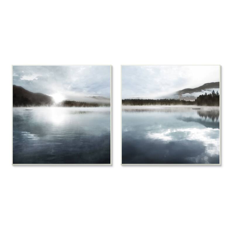 Stupell Misty Morning Lake Water Landscape Tree Forest Mountains 2pc Multi Piece Wood Wall Art