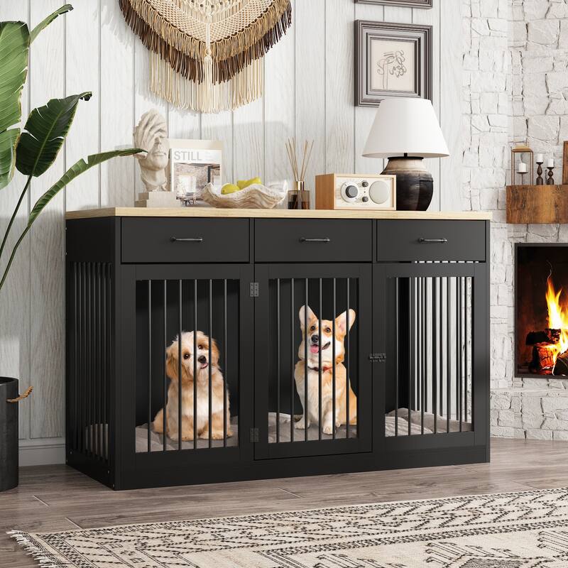 Furniture Style Dog Crate with Storage Drawers, Large Dog Kennel Cabinet with Wood Top, Double Door Pet Crate End Table