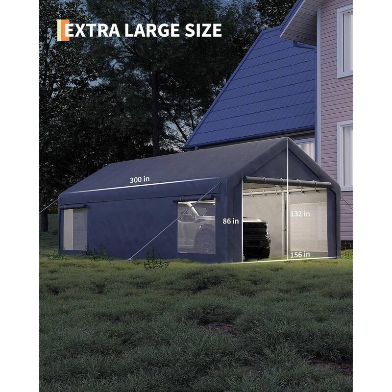 13x25 Ft Carport with 2 Roll-Up Doors, and 4 Windows for Bass Boats, Tractors, and SUVs - 13X25 Ft