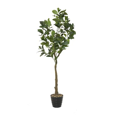 Faux Foliage Fig Indoor Outdoor Artificial Tree with Realistic Leaves and Black Melamine Pot - Green - Roche River Decor