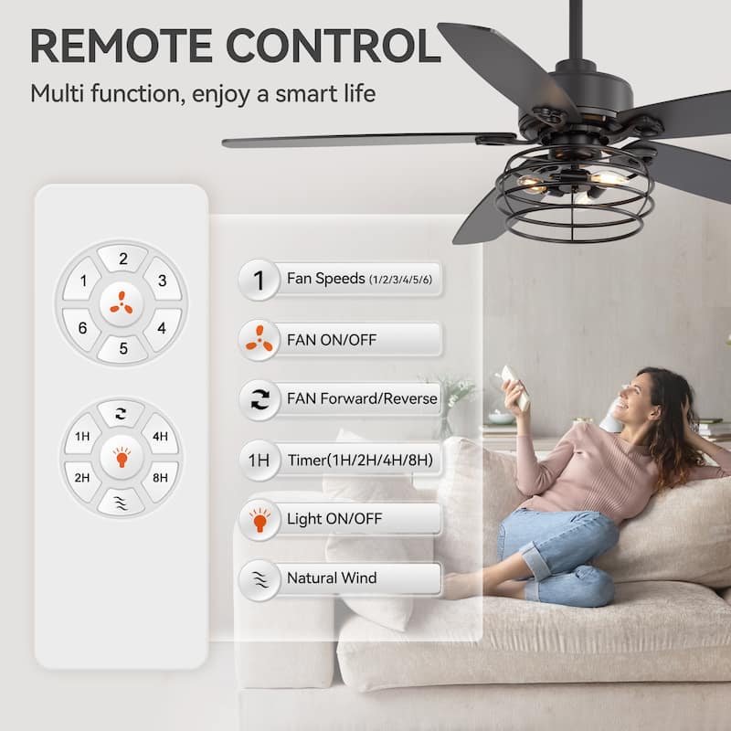 52" Industrial Reversible Wood 5-Blade Black Ceiling Fan with Light and Remote