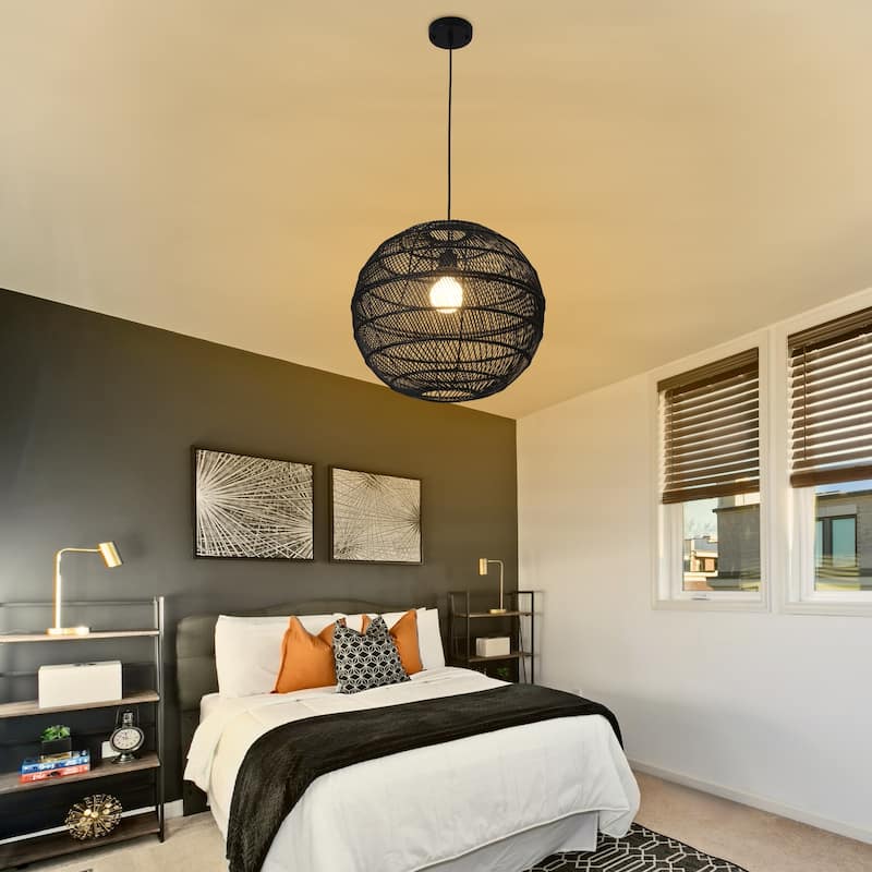 1-Light Globe Chandelier with Rattan Shade, No Bulbs Included